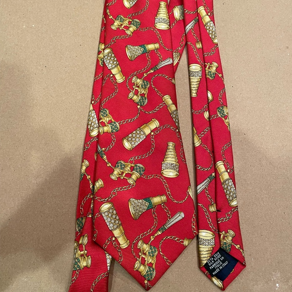 Chanel Red fabric w/gold tone binoculars/monocle/chains Chanel Silk Tie Italy